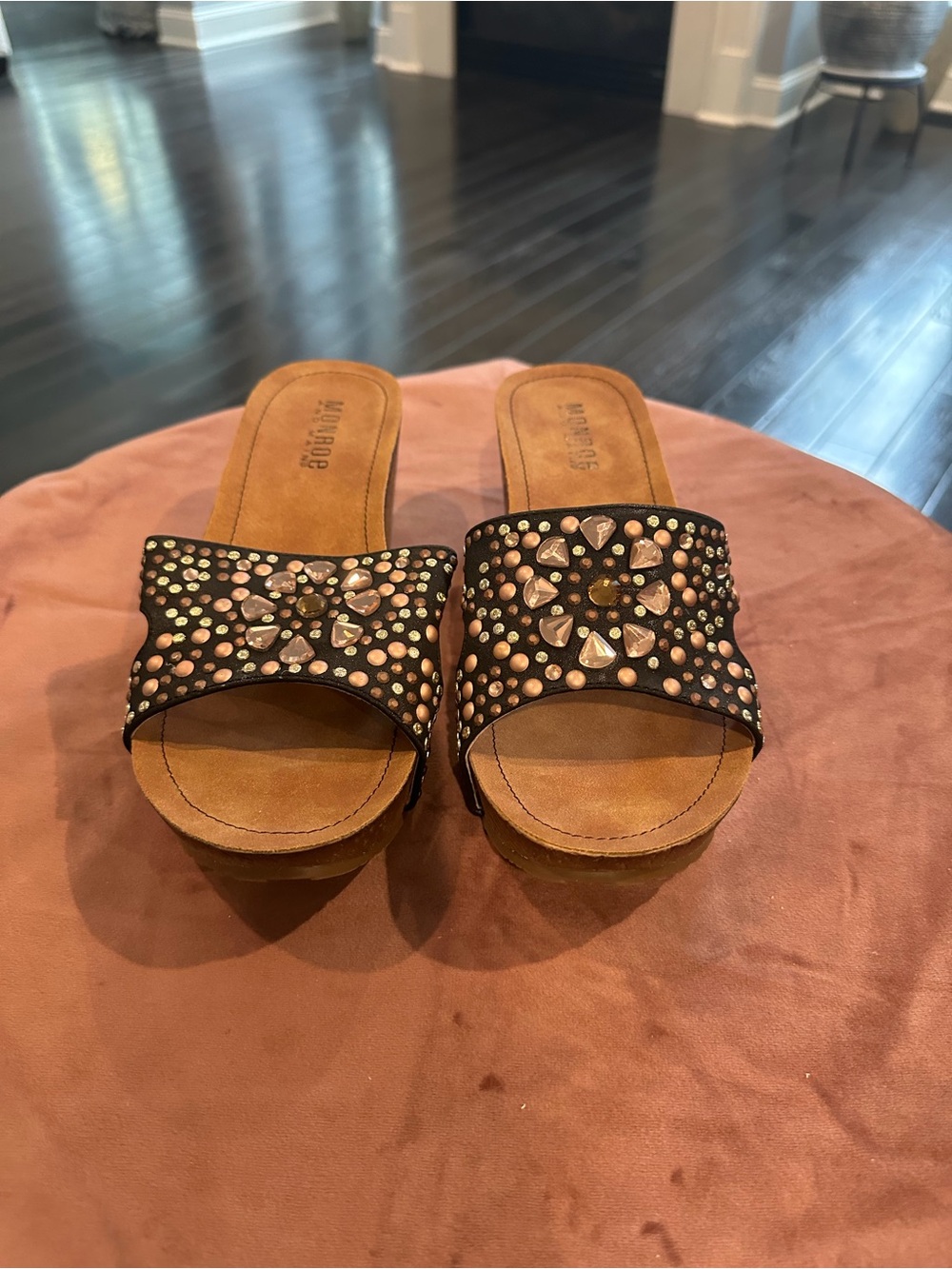MIA Black Studded Slide Sandals with Gem Embellishments
